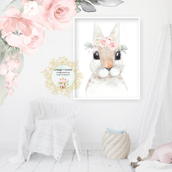 Boho Blush Bunny Rabbit Pink Floral Animal Wall Art Print - Woodland