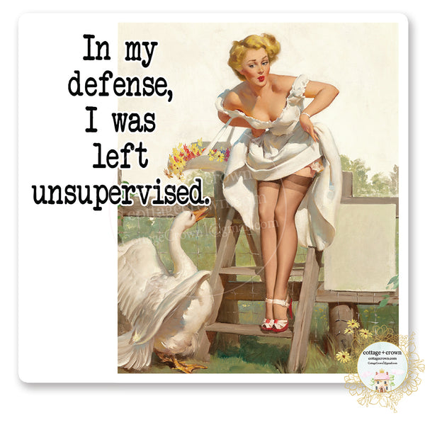 In My Defense I Was Left Unsupervised - Retro Pin-Up - Vinyl Decal Sticker
