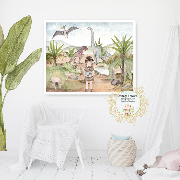 Dinosaur Prehistoric Tropical Scene Girl Nursery Wall Art Print