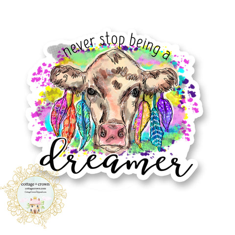 Cow Dreamer Boho Feather Farm Animal Farmhouse Vinyl Decal Sticker