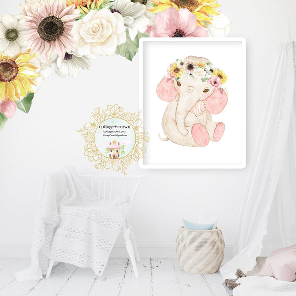 Boho Sunflower Anemone Blush Elephant Pink Floral Zoo Animal Wall Art Print