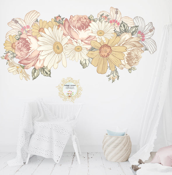 Sale Hibiscus Vintage Daisy Rose Blush Flower Bouquet Wall Decal Baby Girl Floral Nursery Décor
