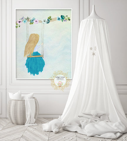 Girl On Swing Watercolor Wall Art Print