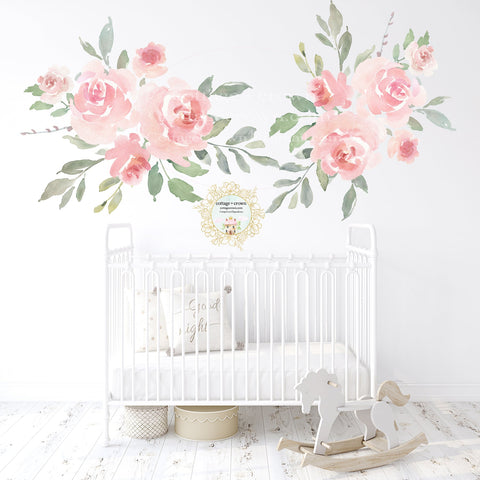 2 Peony Blush Flower Bouquet Wall Decals Baby Girl Floral Pink Nursery Home Office Décor
