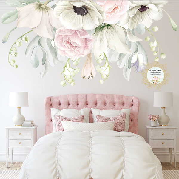 72" Anemone Blush Flower Bouquet Wall Decal Baby Girl Floral Peony Pink White Nursery Décor