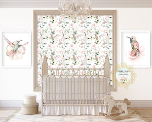 72" Hummingbird Wall Mural Watercolor Decal Floral Peony Pink Blush Baby Nursery Décor