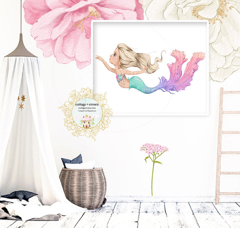 Boho Mermaid Wall Art Print - Blonde - Nursery - Girl's Bedroom - Bathroom Décor