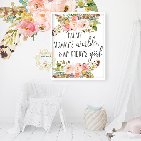 I'm My Mommy's World And My Daddy's Girl Boho Blush Feather Wall Art Print