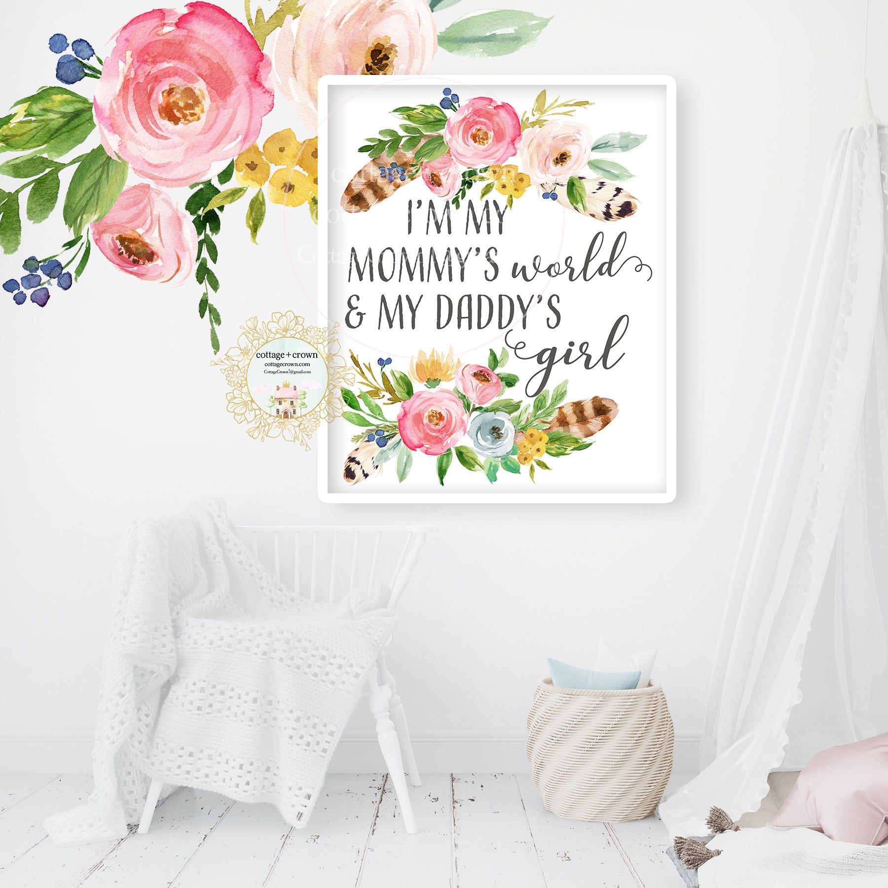 I'm My Mommy's World And My Daddy's Girl Boho Feather Wall Art Print