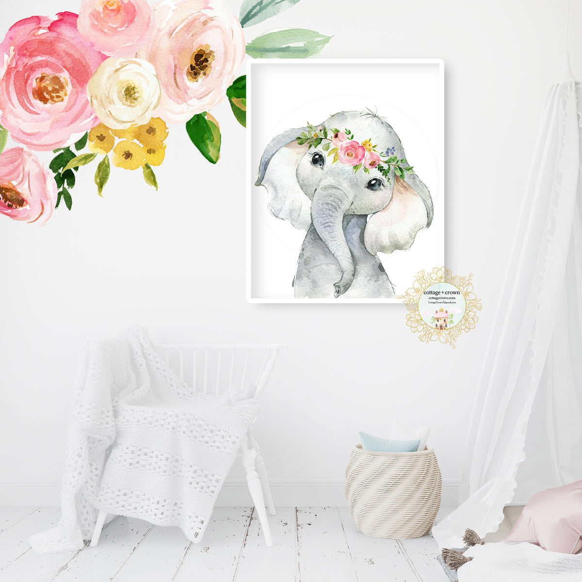 Boho Watercolor Elephant Baby Girl Nursery Wall Art Print – cottage + crown