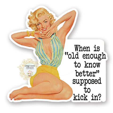 When Is Old Enough To Know Better Supposed To Kick In - Vinyl Decal Sticker - Retro Housewife