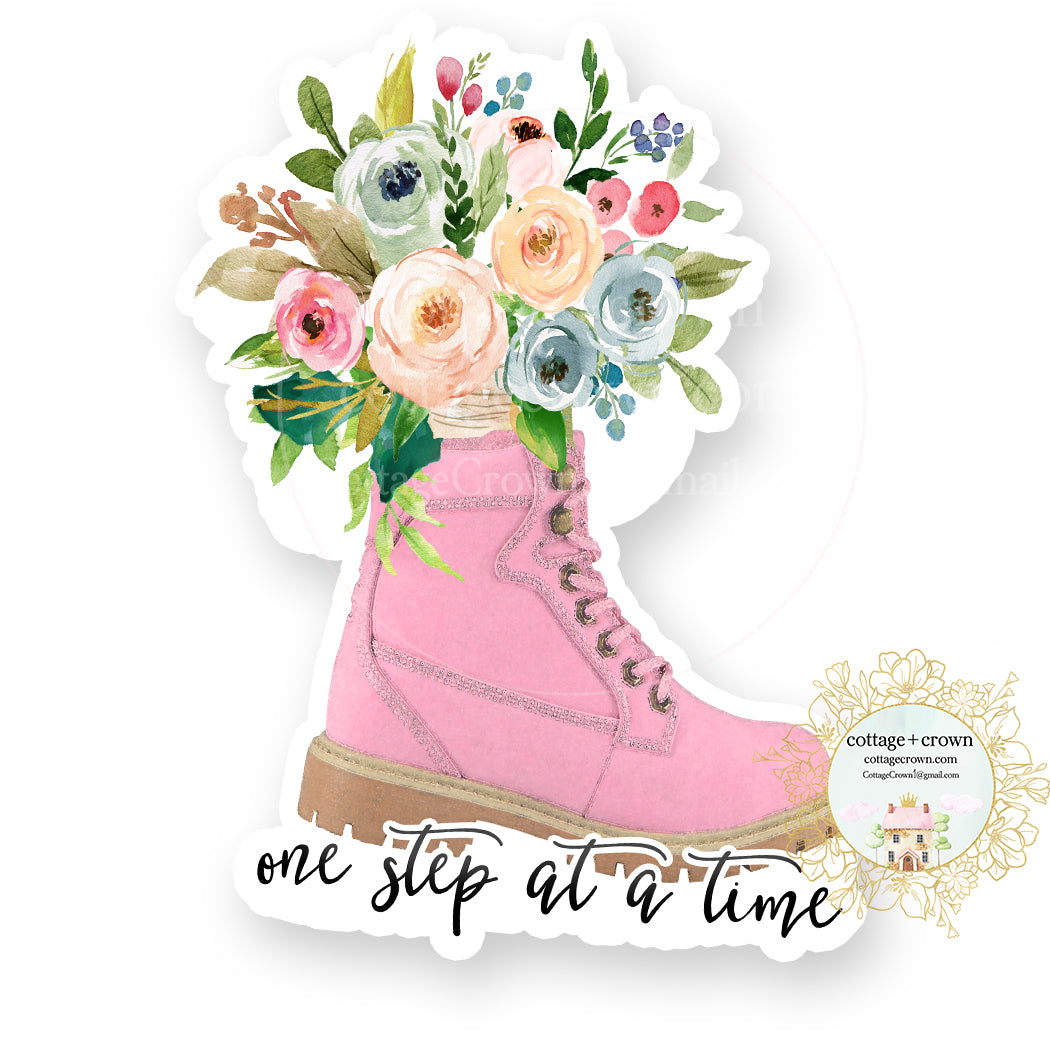 One Step at a Time Pink Hiking Boot - Camping Wildflowers Outdoors - Vinyl Decal Sticker