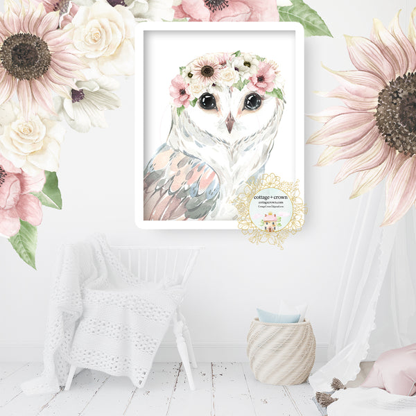 Boho Woodland Owl Wall Art Print - Blush Sunflower Anemone Rose