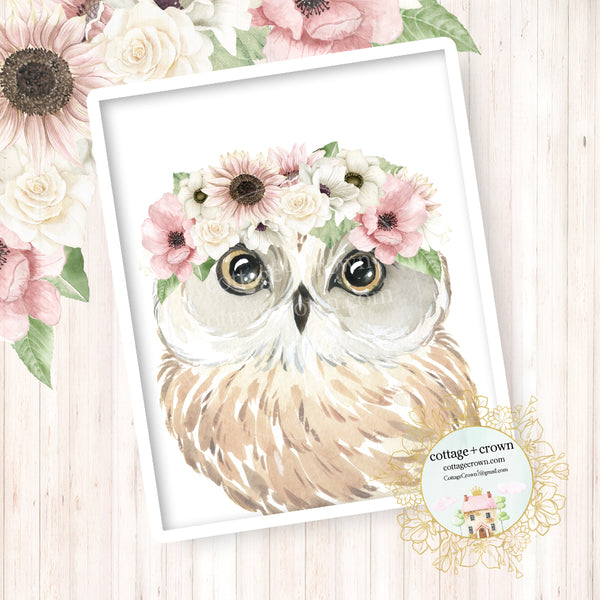Boho Woodland Owl Wall Art Print - Blush Sunflower Anemone Rose