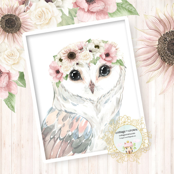 Boho Woodland Owl Wall Art Print - Blush Sunflower Anemone Rose