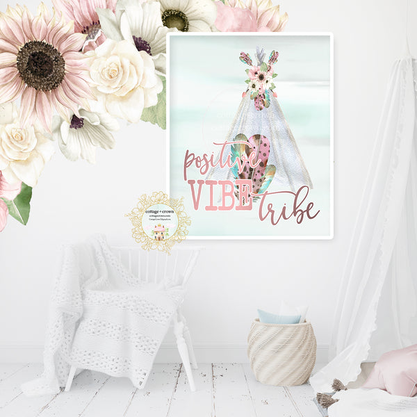 Positive Vibe Tribe Teepee Watercolor Feather Tribal Wall Art Print