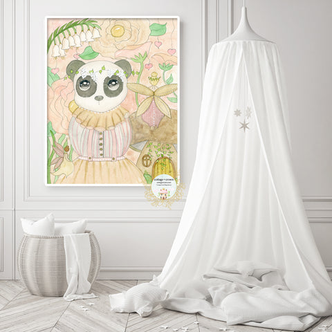 Enchanted Garden Panda Bear Floral Animal Whimsical Wall Art Print