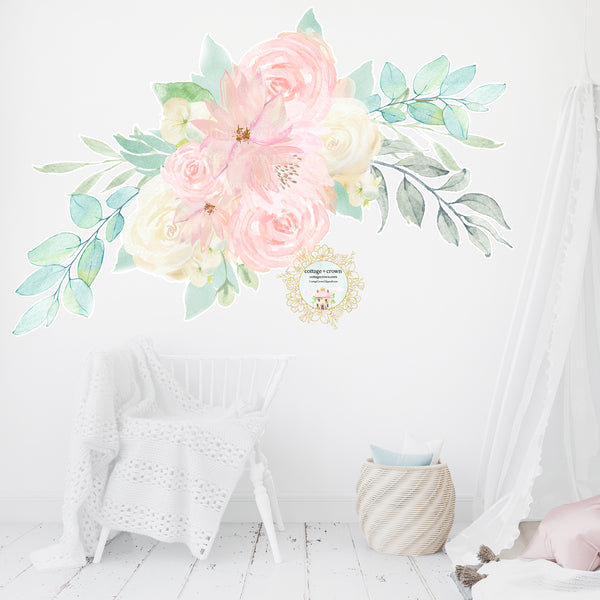 Peony Rose Blush Pink Mint Floral Wall Decal Baby Girl Nursery Office Home Décor