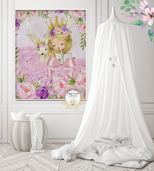 Princess + Bunny Purple Floral Watercolor Nursery Wall Art Print