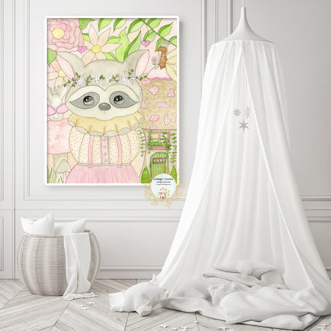 Enchanted Garden Raccoon Floral Woodland Animal Whimsical Wall Art Print