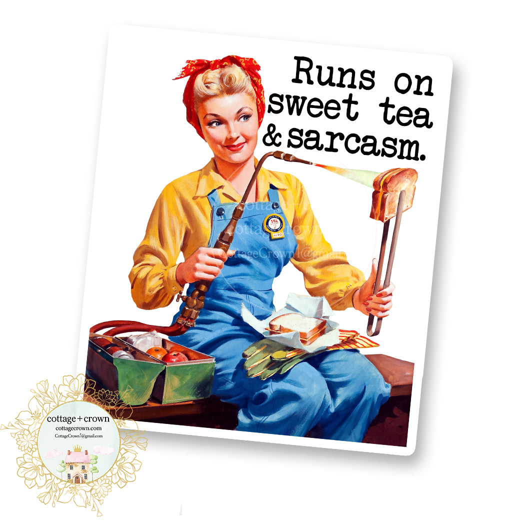 Runs On Sweet Tea And Sarcasm - Retro Housewife - Vinyl Decal Sticker