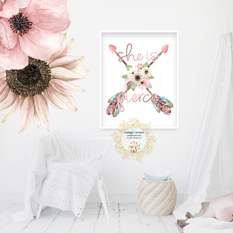 Boho Blush She Is Fierce Arrow Sunflower Pink Floral Tribal Wall Art Print