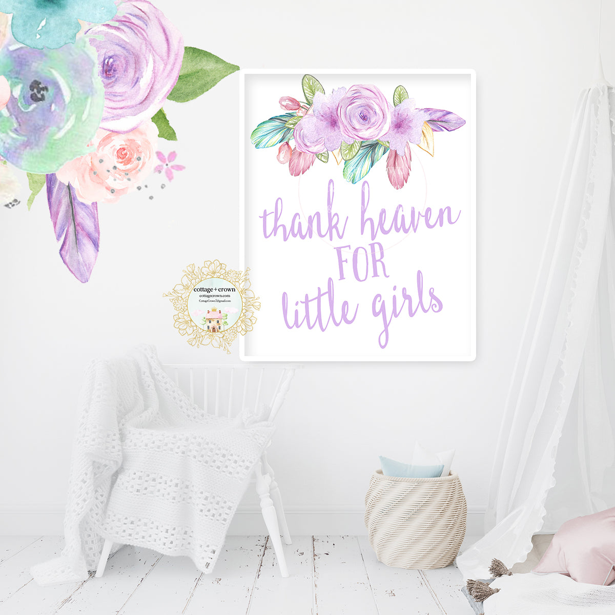 Thank Heaven For Little Girls Watercolor Feather Tribal Wall Art Print
