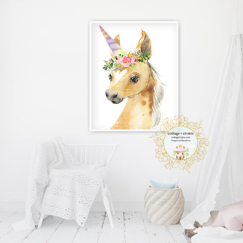 Magical Rainbow Unicorn Floral Watercolor Wall Art Print