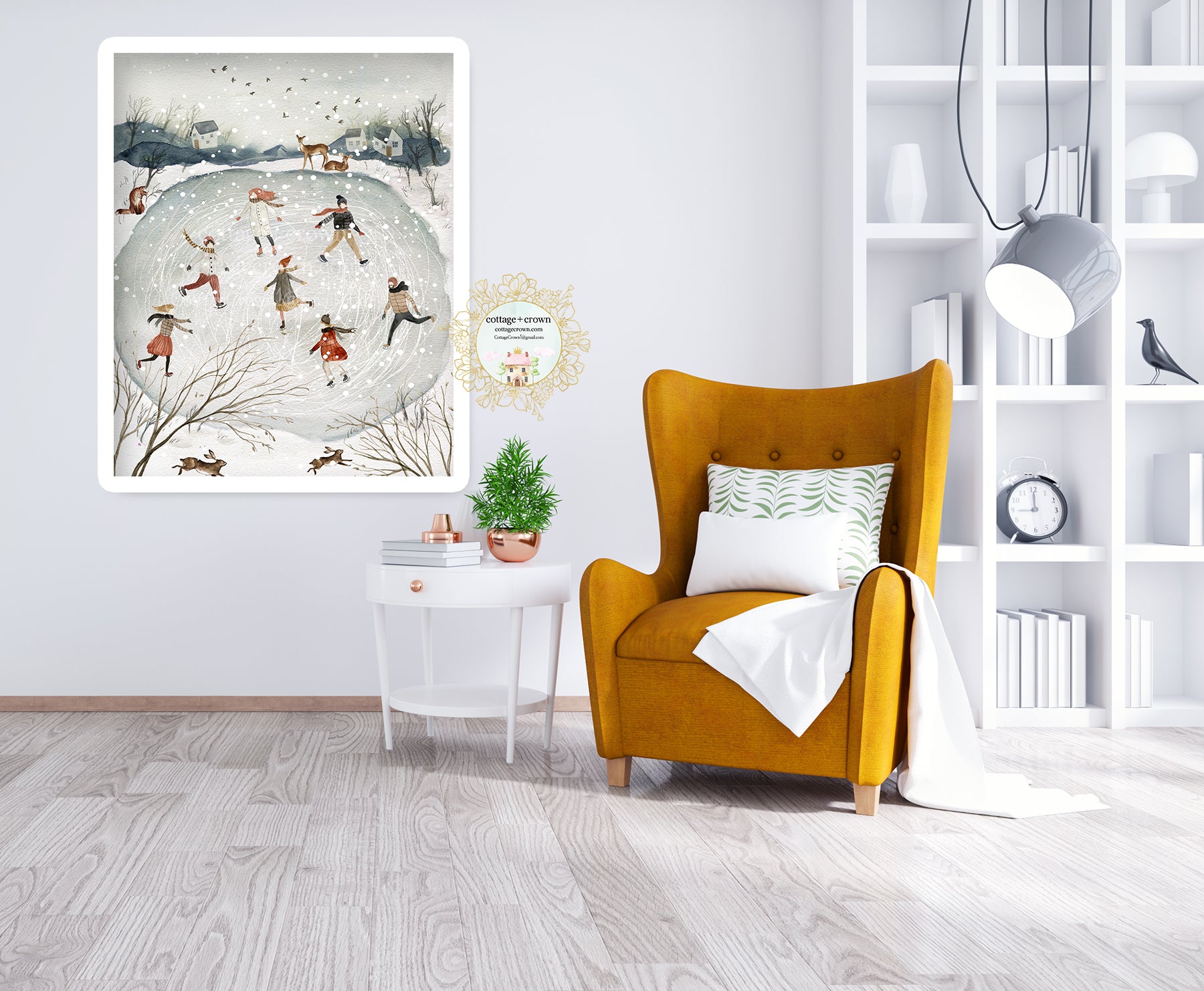 SALE Folk Winter Wonderland Ice Skating Rink Watercolor Wall Art Print