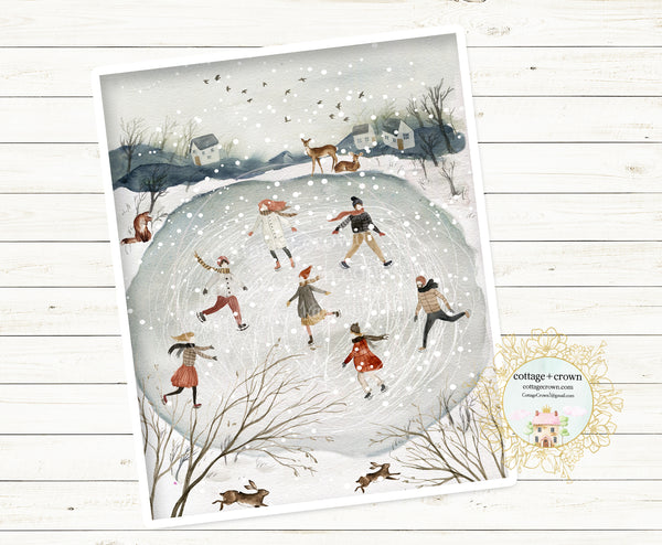 SALE Folk Winter Wonderland Ice Skating Rink Watercolor Wall Art Print
