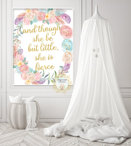 And Though She Be But Little She Is Fierce Watercolor Feather Wall Art Print