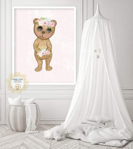 Boho Blush Bear Floral Woodland Animal Wall Art Print