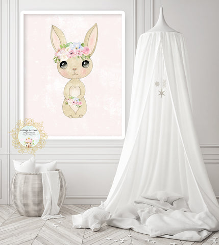 Boho Blush Bunny Rabbit Floral Woodland Animal Wall Art Print