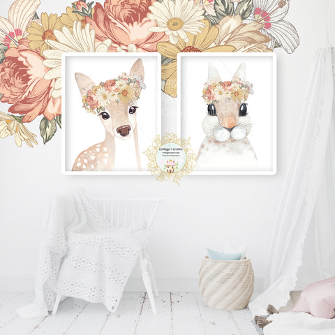 2 Deer Bunny Rabbit Boho Woodland Wall Art Print Set