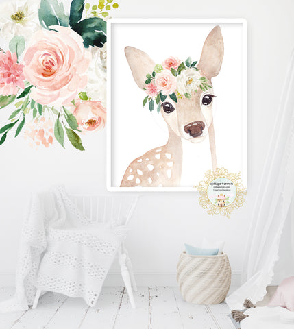 Boho Blush Deer Floral Woodland Animal Wall Art Print