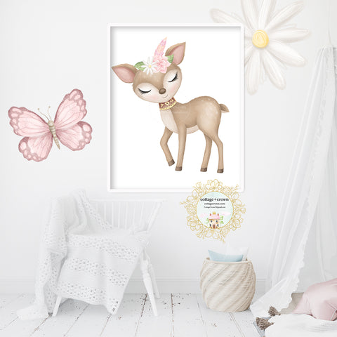 Boho Woodland Tribal Deer Feather Pink Floral Animal Wall Art Print