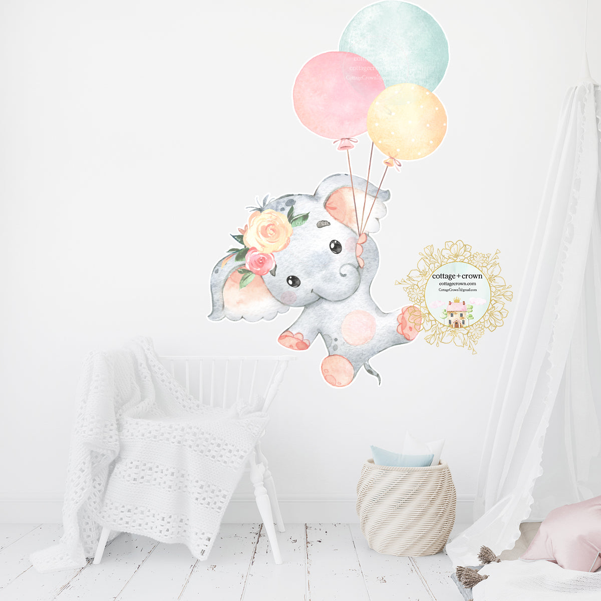 Elephant Balloons Pink Yellow Wall Decal Baby Girl Nursery Décor