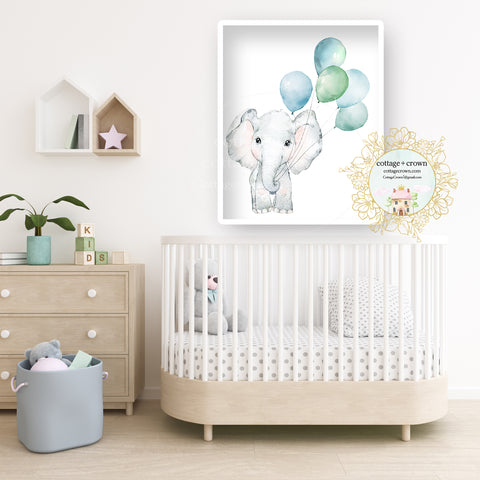 Elephant Blue Balloons Boy Nursery Wall Art Print