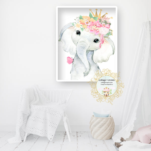 Boho Crown Elephant Daisy & Lace Baby Girl Butterfly Nursery Wall Art Print