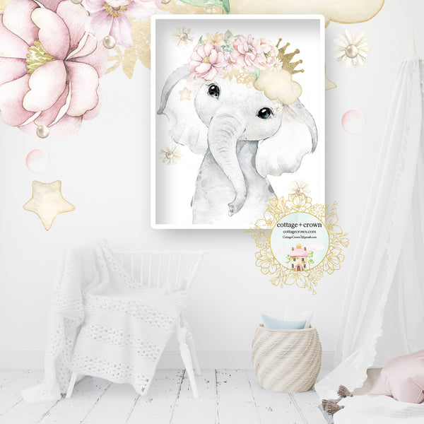 Gold Crown Boho Elephant Daisy & Lace Baby Girl Nursery Wall Art Print