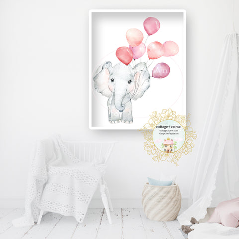 Boho Elephant Pink Balloons Girl Nursery Wall Art Print