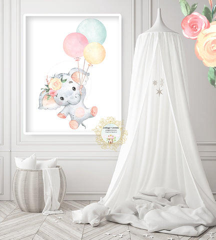 Boho Elephant Pink Balloons Floral Zoo Animal Wall Art Print