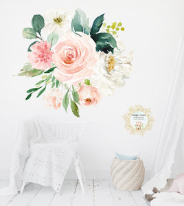 Blush Peach Flower Bouquet Wall Decal - Watercolor Peony Nursery Décor