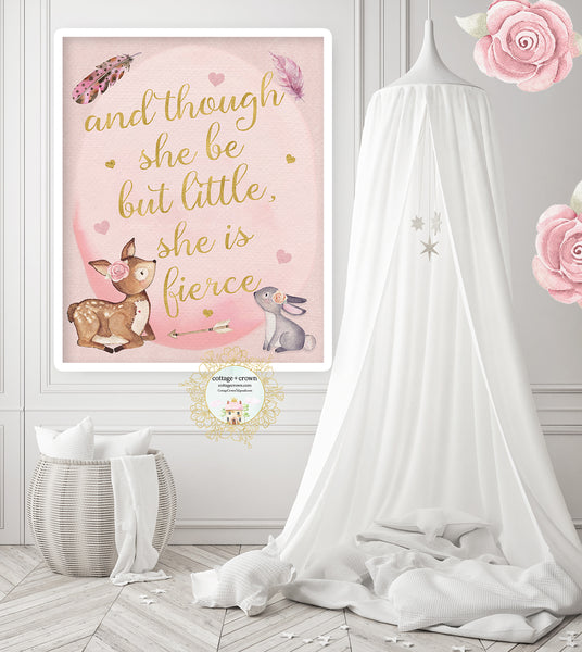 Boho Blush Deer Bunny "She Is Fierce" Pink Floral Wall Art Print - Woodland