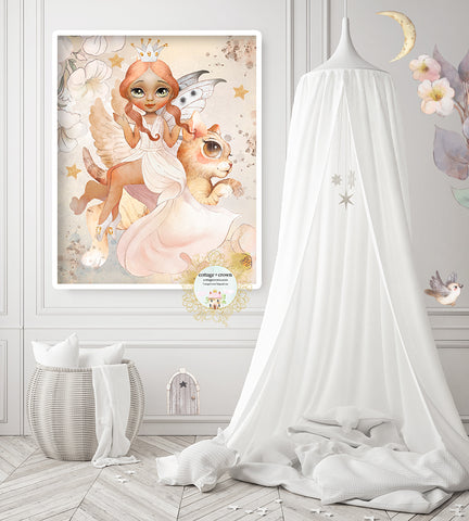 Boho Princess Fairy On Cat Ethereal Whimsical Wall Art Print