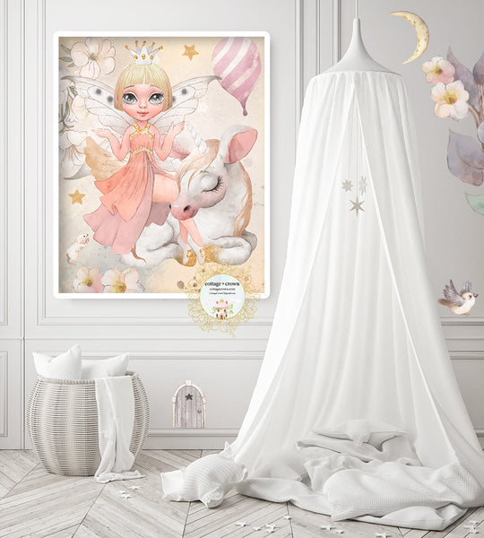 Boho Princess Fairy On Unicorn Whimsical Garden Ethereal Wall Art Print
