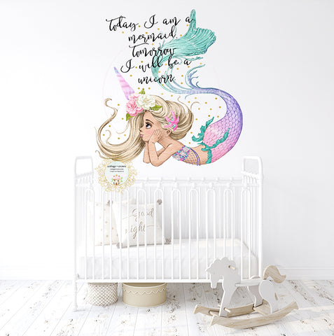 Today I Am A Mermaid Tomorrow I Will Be A Unicorn Wall Decal Baby Girl Nursery Bathroom Office Home Décor