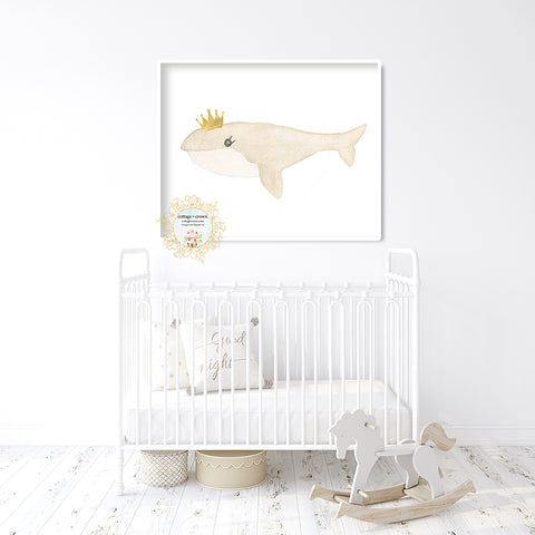 Whale + Crown Nursery Wall Art Print