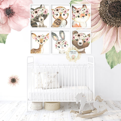 6 Boho Woodland Animal Wall Art Prints - Blush Sunflower Anemone Rose - Deer Bunny Owl Bear Raccoon Fox