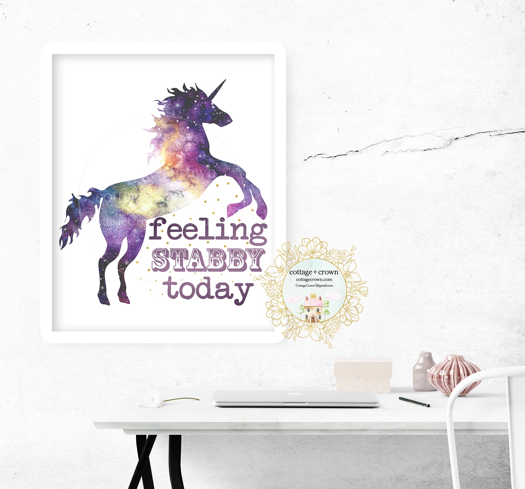 Unicorn - Feeling Stabby Today - Preppy Rainbow Decor - Home + Office Wall Art Print